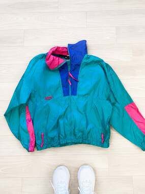 Vintage 90s Columbia Sportswear Teal and Pink Colorblock Windbreaker Jacket medi